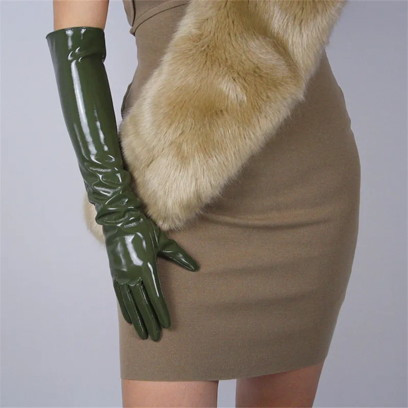 

Patent Leather Long Gloves 50cm Long Style Emulation Leather PU Leather Bright Leather Dark Green Army Green Female WPU64