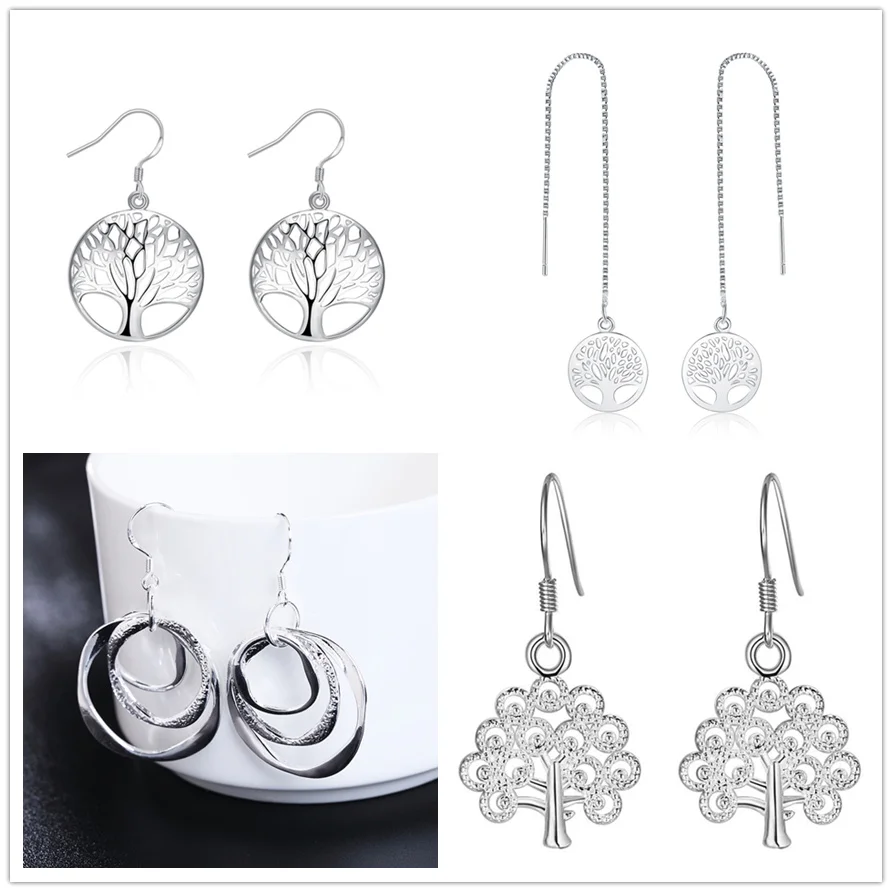

wholesale 4 pair set silver color fashion TREE charms earrings , women lady girl wedding Party jewelry Cute LE008
