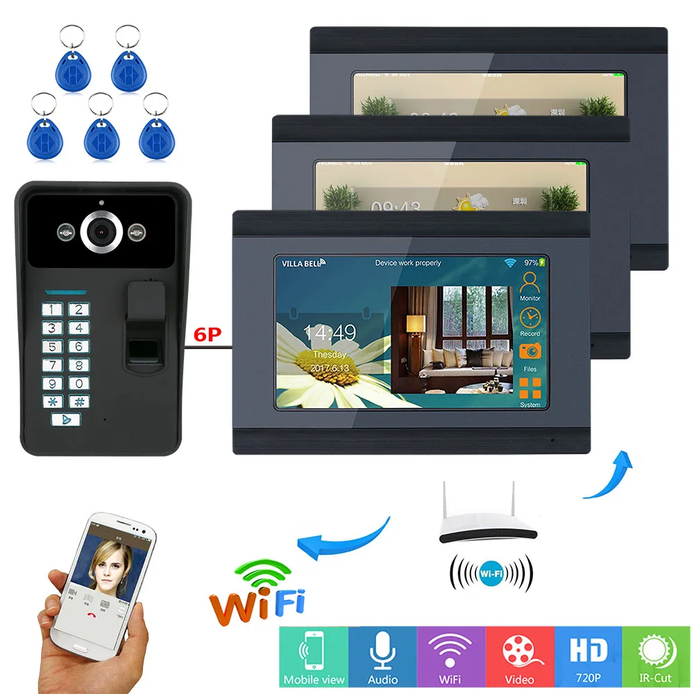 

3 Monitors Fingerprint RFID Password 7 Inch LCD Wifi Wireless Video Door Phone Doorbell Intercom HD Camera System APP Control