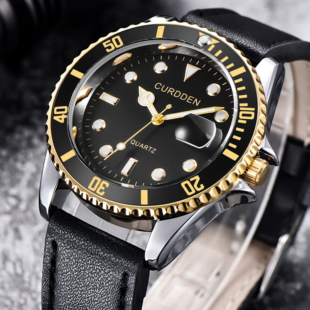 

CURDDEN Men's Wrist Watch Fashion Leather Band Analog Quartz Round Business man watches quartz watch men day date male clock