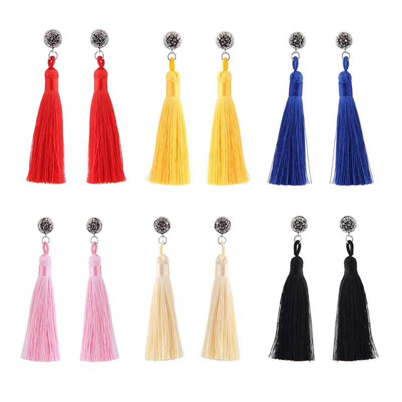 

Ethnic Handmade yellow Tassel Earrings Trendy Bohemian Black Red Vintage Crystal Long Tassel stud Earrings For Women Jewelry