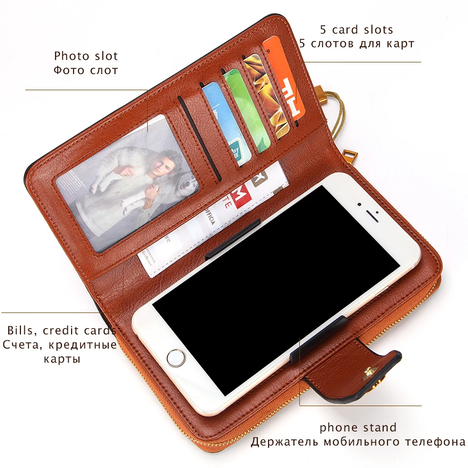 Muurdde Women Wallet Clutch Genuine Leather Wallets Female Organizer Cell Phone Clutches Money Bag Long Zipper Coin Purse Pocket