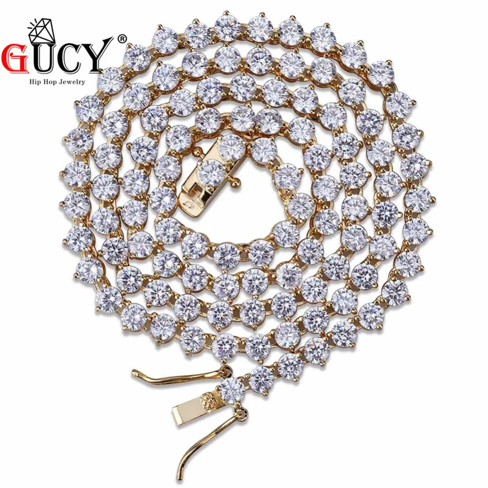 

GUCY Hip Hop 3 Prong Tennis Chain Necklace All Iced Out 1 Row 4mm Micro Pave CZ Stones Necklaces Charm Jewelry For Men Women