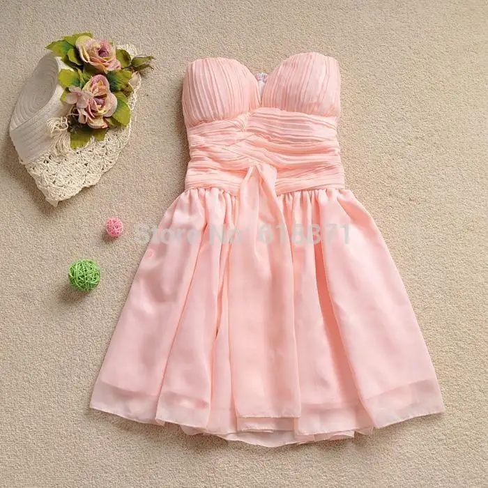 Blush Pink Bridesmaid Dress Short Crinkle Chiffon Maid Soiree New 2014 Fashion Sweetheart Party Gowns Off the Shoulder | Свадьбы и