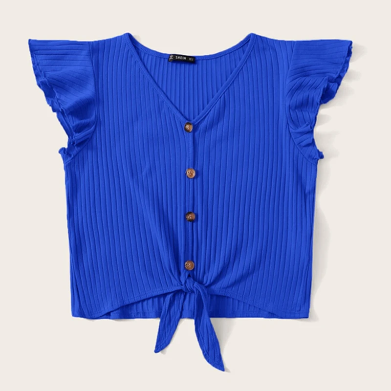 SHEIN Модная трикотажная Футболка с рукавами-крылышками и пуговицами, женская футболка, шикарные летние топы с v-образным вырезом и коротким рукавом