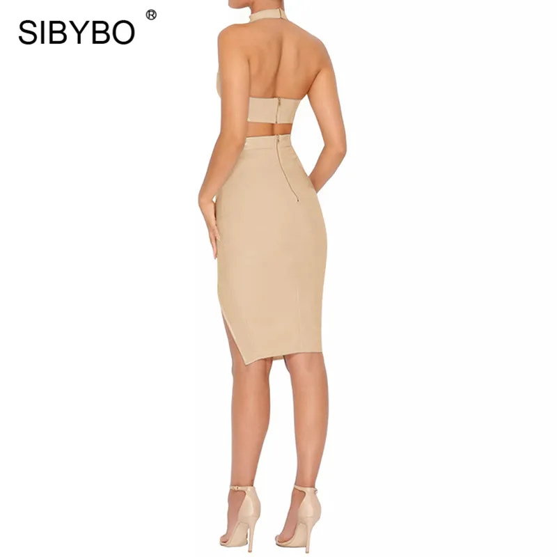 Sibybo, без бретелек, Холтер, из искусственной кожи, комплект из двух частей, платье для женщин, открытая разрезная оболочка, открытая спина, сексуальное женское платье, летнее вечернее платье для женщин