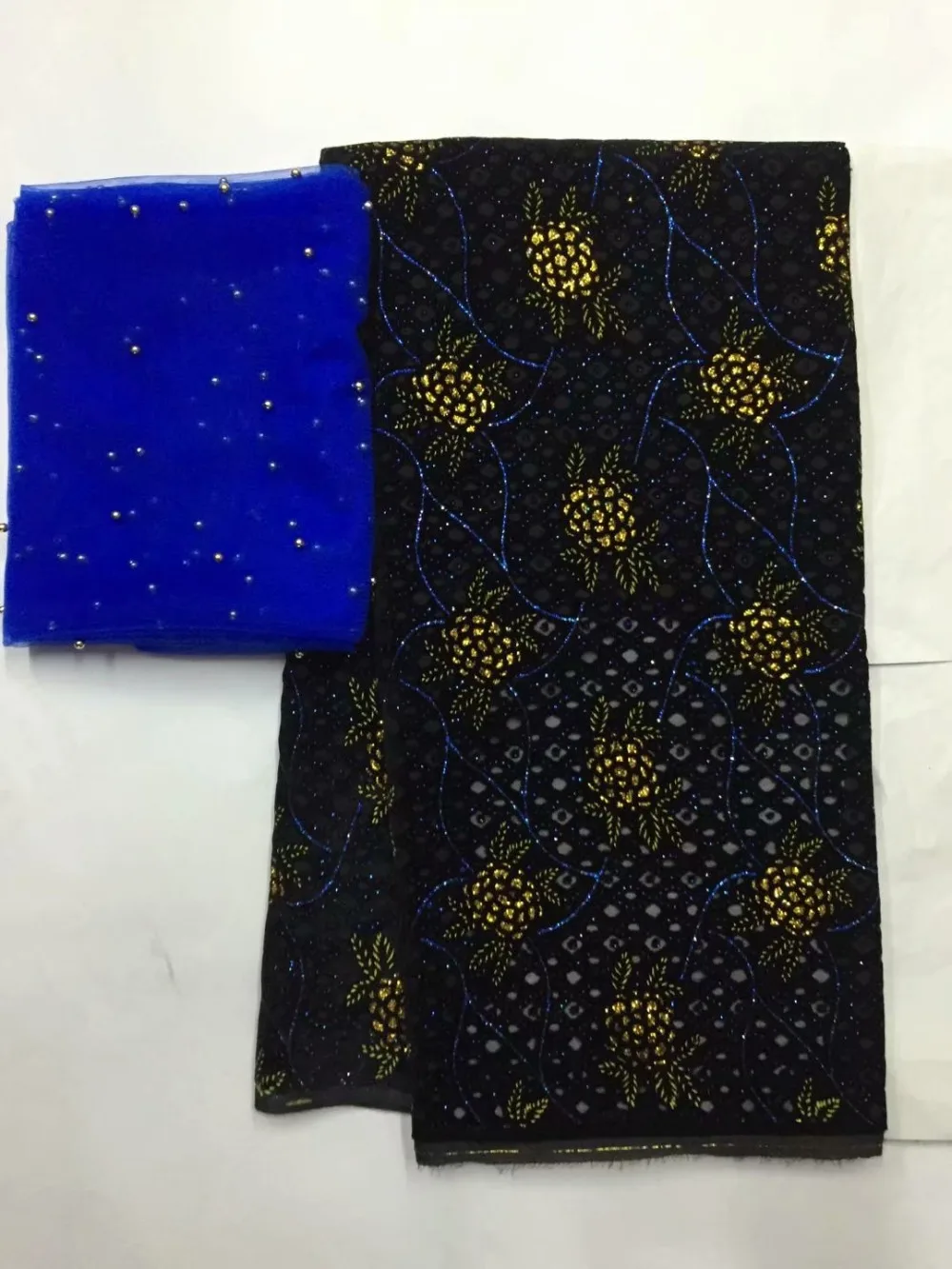 

fashion style blacl colour african velvet lace fabric with 2yards french lace for women clothes sewing B8oc259