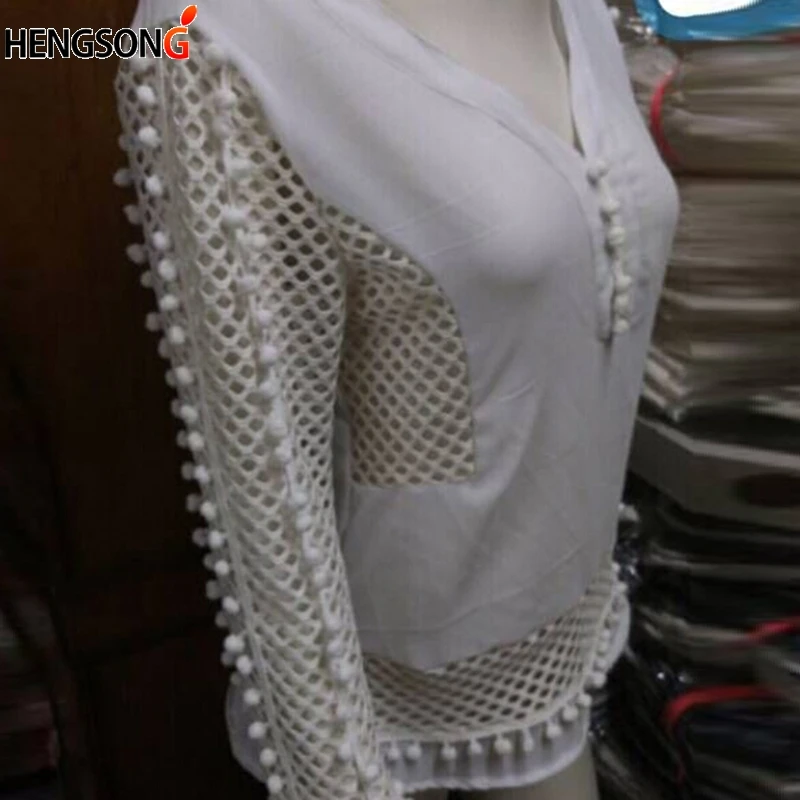 Summer Women Blouses Mesh Tops Three Quarter Sleeve V-Neck White Ladies Sexy Hollow Shirts Tassel Blusas |