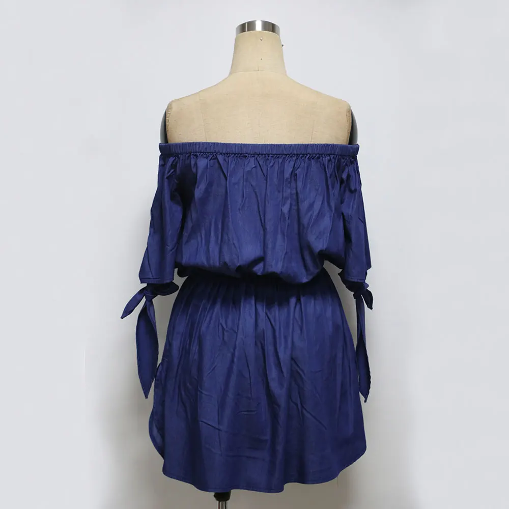 

Sexy Women's mini dress Slash neck Strapless Halo Irregular hem Short sleeve Denim dress summer Casual Beach dress Denim A1701