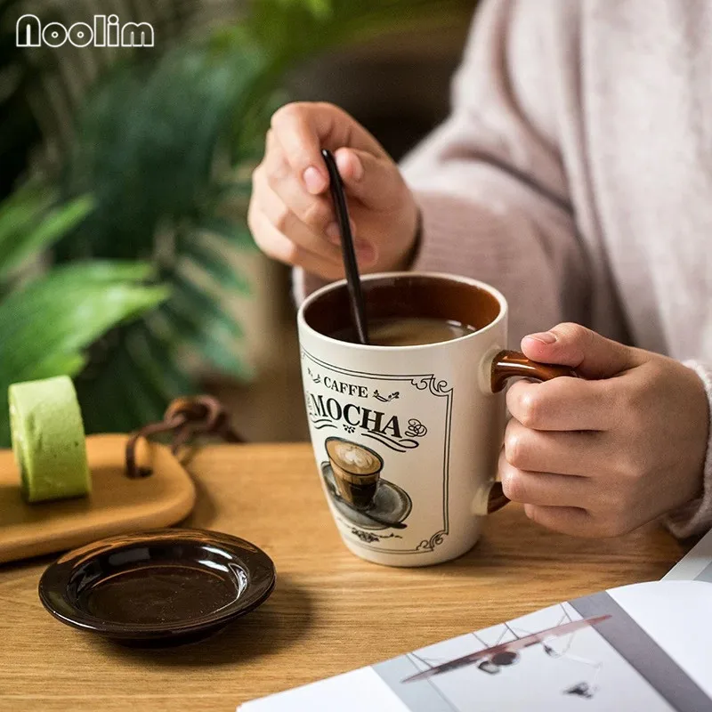 European Creative Hand-painted Ceramic Coffee Mug With Spoon and Lid Simple Office Tea Water Milk Cup Gifts Drinkware | Дом и сад