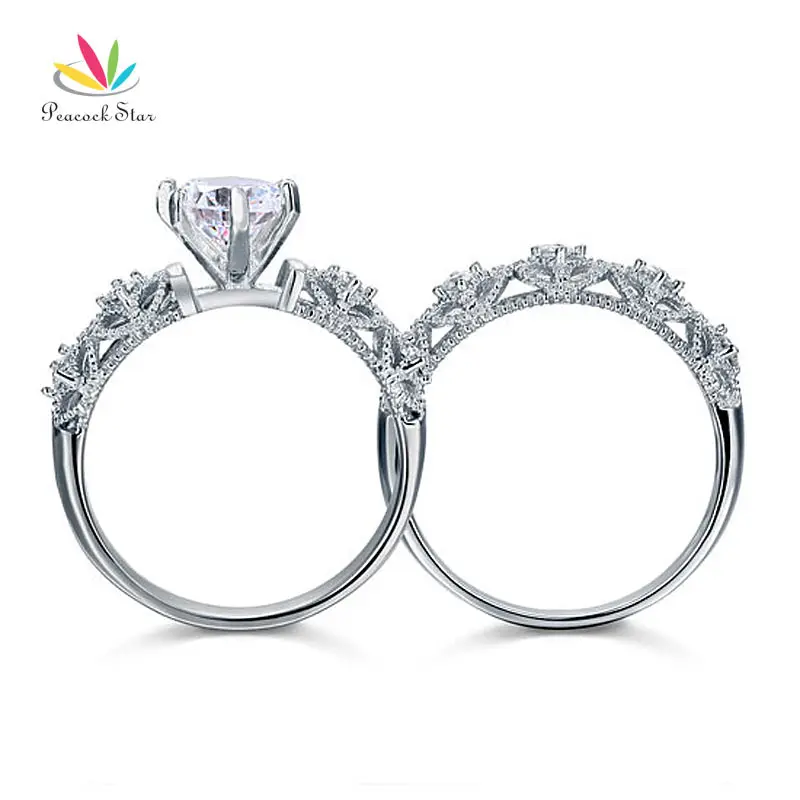 Павлин звезда Винтаж Стиль викторианской Книги по искусству Deco 1.25 ct массива стерлингового серебра 925 2-pc обручальное кольцо набор cfr8103