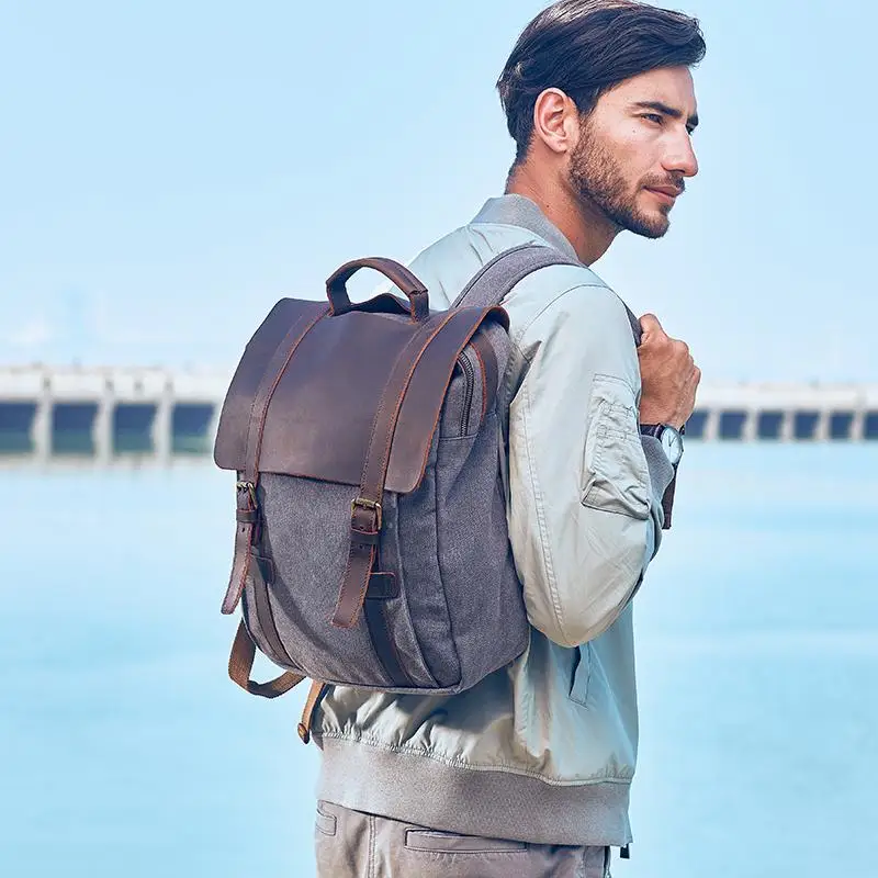 Холщовый рюкзак для мужчин и женщин винтажная школьная сумка из натуральной кожи