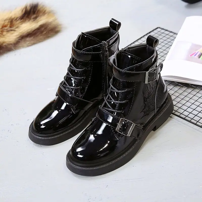 Для женщин сапоги 2018 круглый носок квадратный каблук кожаные ботинки Мартенс с