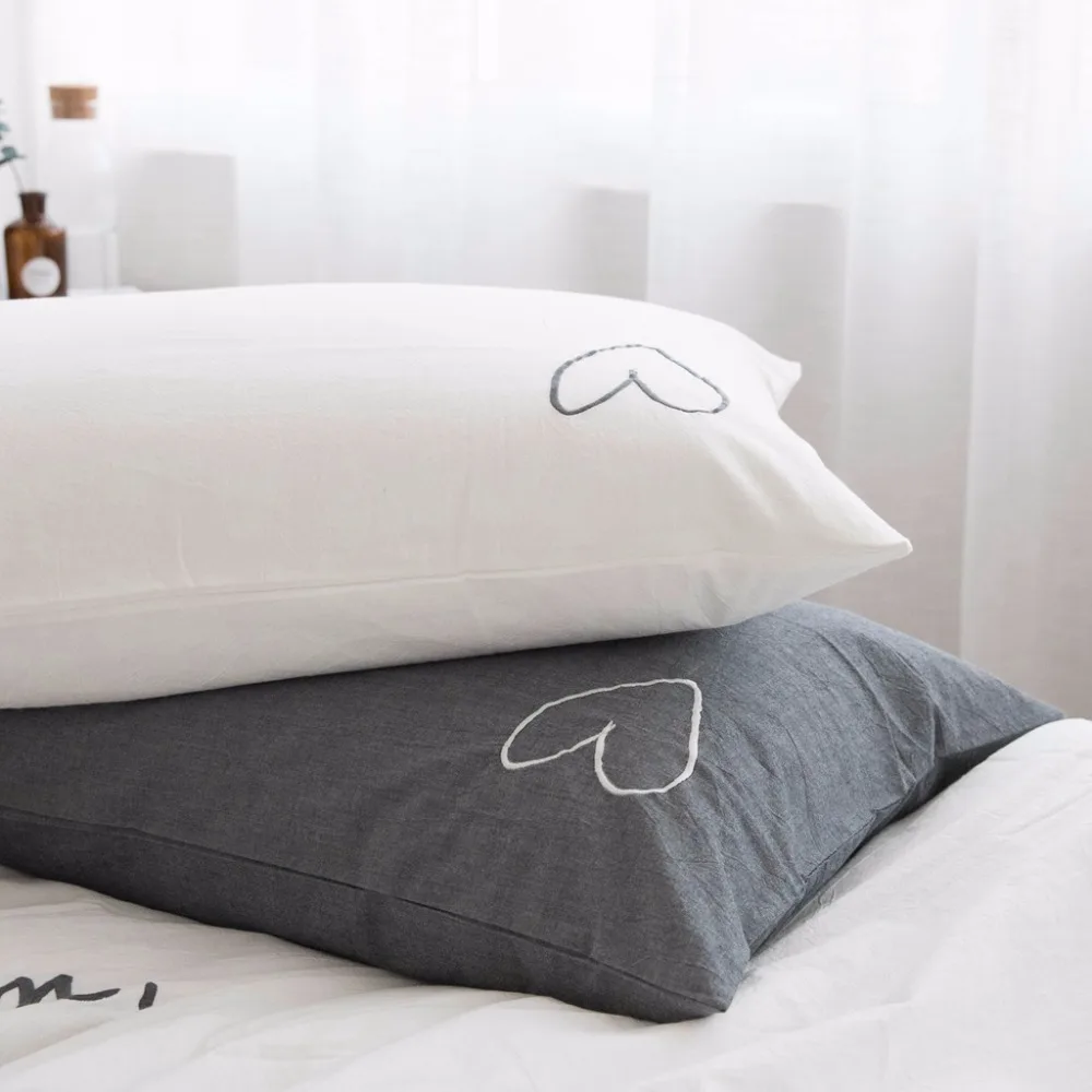 

100% Cotton Embroidered Pillow Case Pink/White/Grey Love Heart Bedroom Decorative Pillowcase 1 PC Pillow Cover 48x74cm