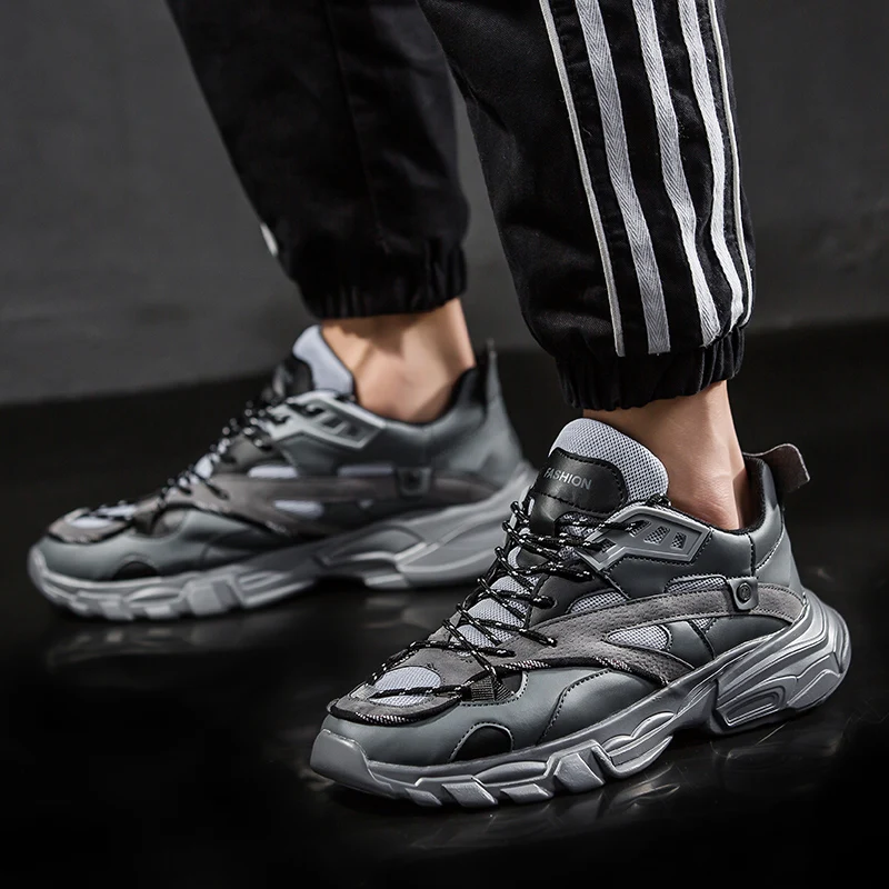 Men Chunky Sneakers Fashion Cool Gray Thick Sole Dad Shoes For Male Lace-up Patchwork Handsome Casual 230m | Обувь