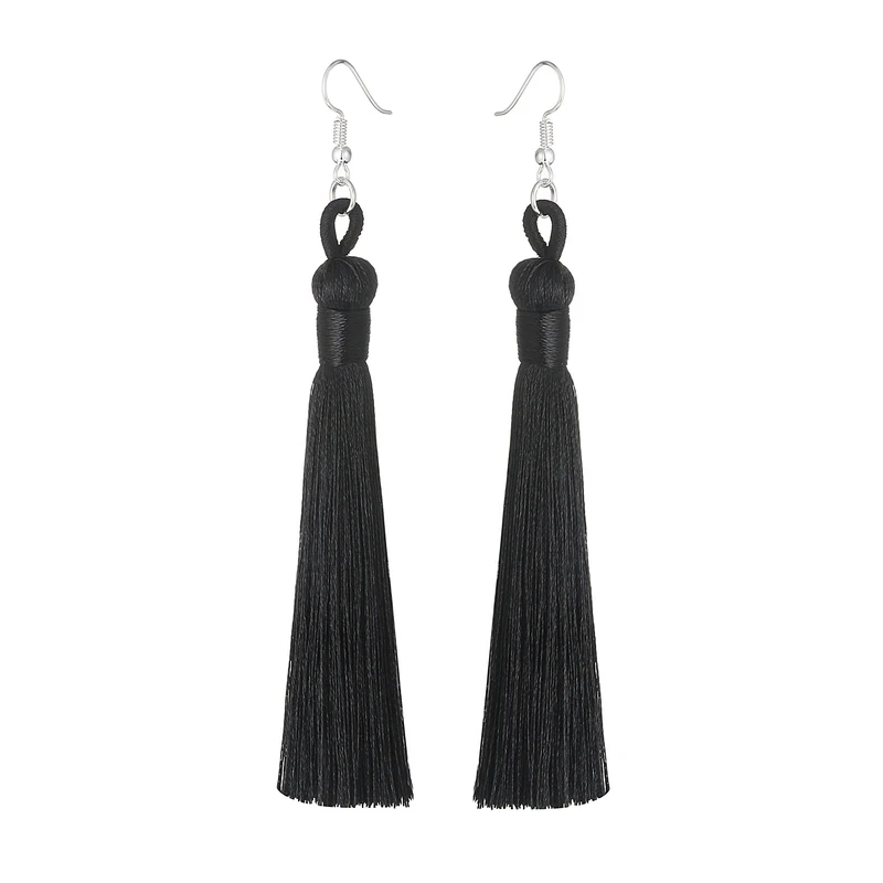 LOVBEAFAS Boho Висячие женские серьги с длинной бахромой висячие серьги шелковая ткань веревка обертывание этнические винтажные модные ювелирные изделия - Окраска металла: Black