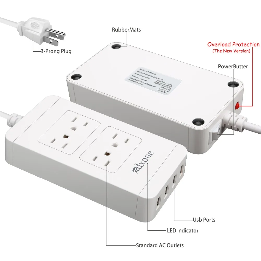 Блок питания с USB Rdxone 4 выходная Защита от перенапряжения блок 6 футов шнур 1700j