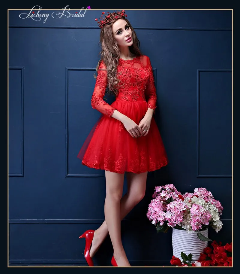 LiCheng Bridal длинные рукава выпускного вечера dress бисера пром платья короткие A-Line