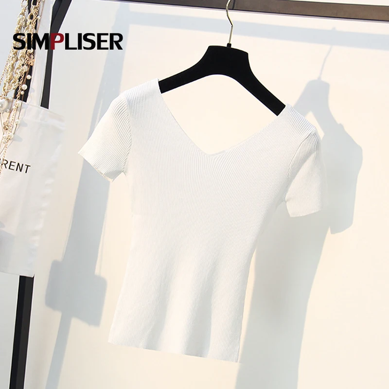 Thin Pullovers Women 2019 Summer Knitted Tees V-neck Short Sleeve Female Knitting shirts Ladies Stretch Tops White black blue | Женская