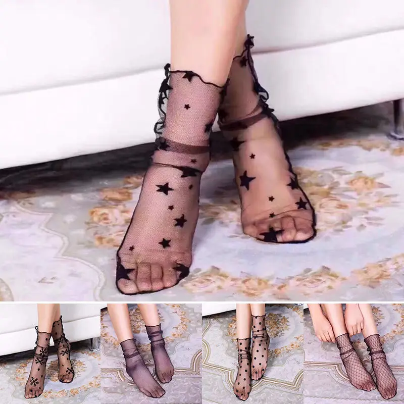 

see-through Fashion Sexy Women Transparent Ultrathin Sheer Mesh Ankle Hosiery Glitter Star Fishnet Socks 1 Pairs