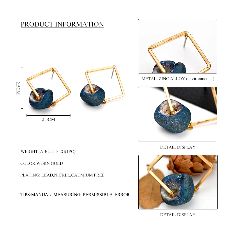 WILD &amp FREE Women Blue Natural Stone Stud Earrings Vintage Gold Square Alloy Hollow Out Jewelry Gift | Украшения и аксессуары