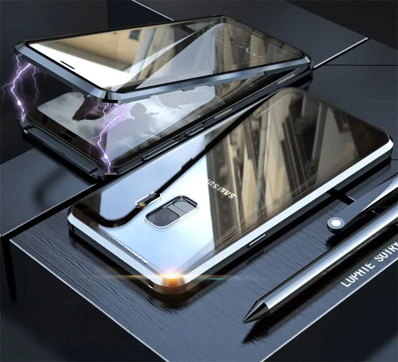 Full Black Переднее и заднее стекло 360 полный корпус Магнитный чехол для samsung Galaxy S9 Plus Note 9 S9Plus Note9 роскошный магнит 360 металлический чехол s - Цвет: Full Black