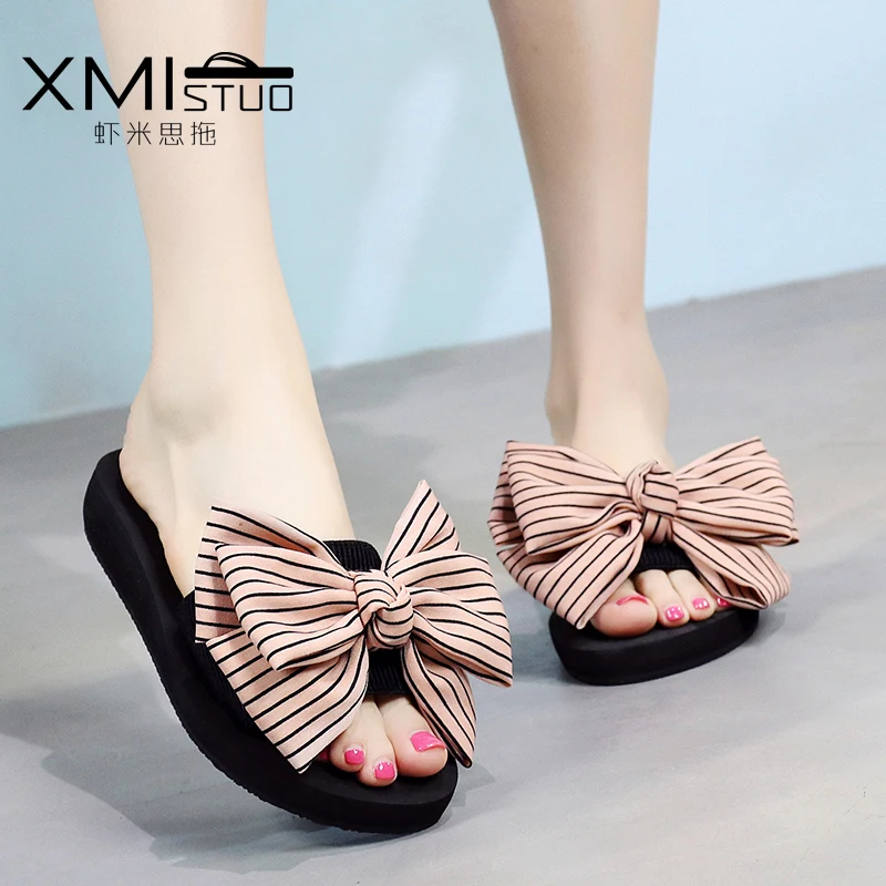 Women Striped Bow Patch High Heel Casual Slippers | Тематическая одежда и униформа