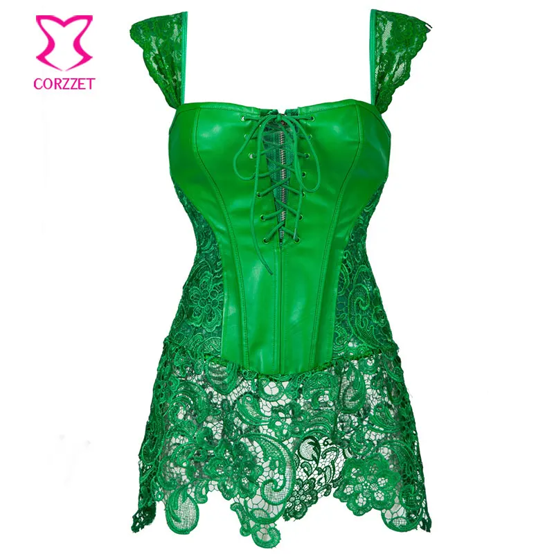 Punk Green Floral Lace&ampLeather Corset Plus Size Lingerie Waist Slimming Corsets Steampunk Sexy Korsett For Women Gothic Clothing | Женская