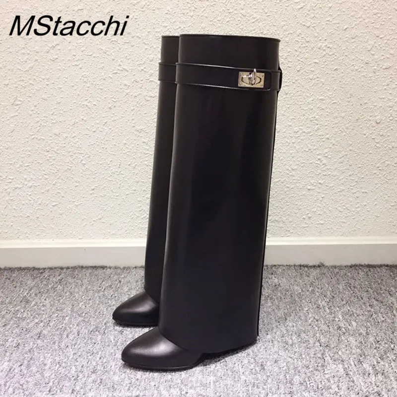 Mcacchi/женские сапоги до колена на танкетке с замком акулы; женские мотоциклетные сапоги без застежки; женские сапоги из натуральной кожи, визуально увеличивающие рост