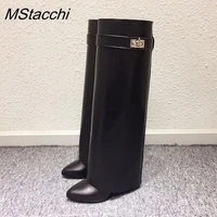 brand design shark lock women boots sexy slip on knee high boots for woman motorcycle botas mujer genuine leather wedge shoes