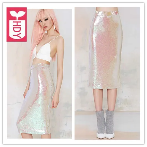 2018 высокое качество женские розовые юбки карандаш с блестками высокой талией для