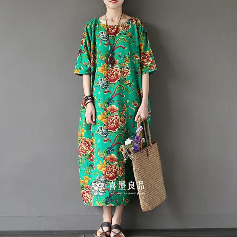 Женское льняное платье с цветочным принтом Свободное длинное в китайском стиле