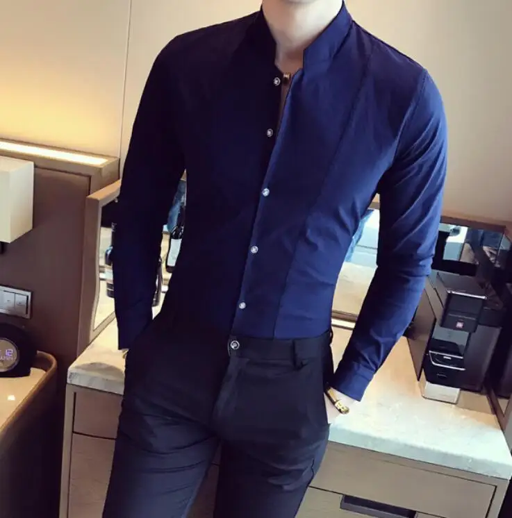 Navy blue Новая модная мужская Осенняя приталенная Повседневная рубашка из чистого хлопка с длинным рукавом/Мужская Высококачественная деловая рубашка S-XXL - Цвет: Navy blue