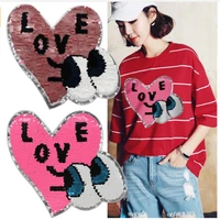 love heart eye reverse sequin sew on patches for woman clothes coat sweater embroidered change reversible patch applique
