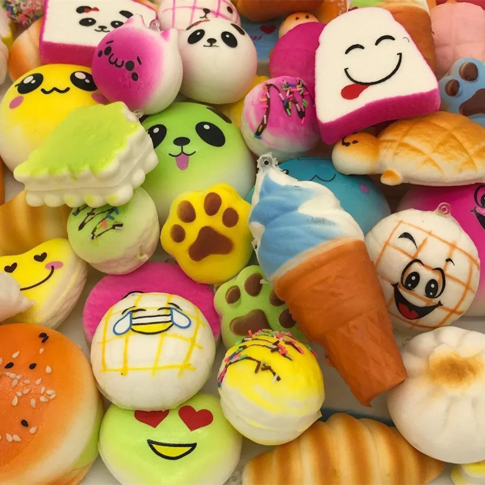 

5 pcs/lot Medium Mini Soft Squishy Bread Toys Education Toys Stress Reliever Toy Key Mobile Phone Straps Hamburger Foam Toy Gift