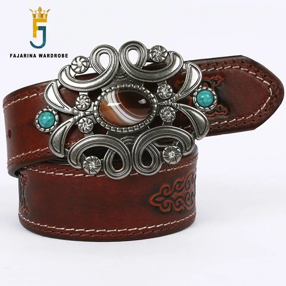 FAJARINA Unisex Unique Design Personality Agate Stone Decorative Buckle Metal Belts Quality Cowhide Leather Accessories N17FJ545