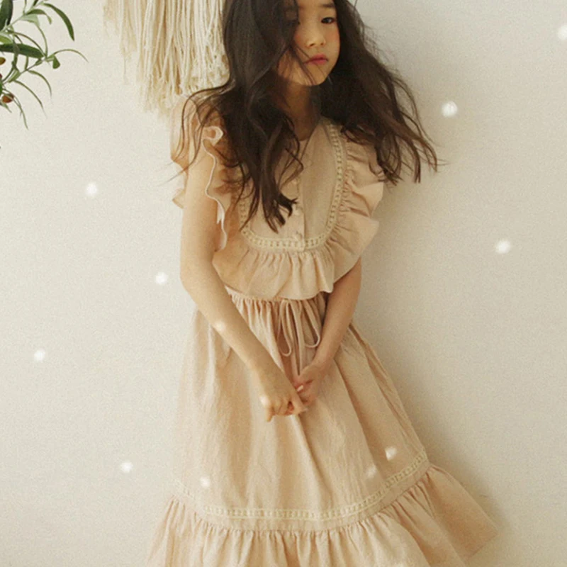 4 -14 Yrs Teenage Girls Red Long Dress 2021 Summer Elegant Ruffle Sleeveless Frocks For Simple Cotton | Детская одежда и обувь