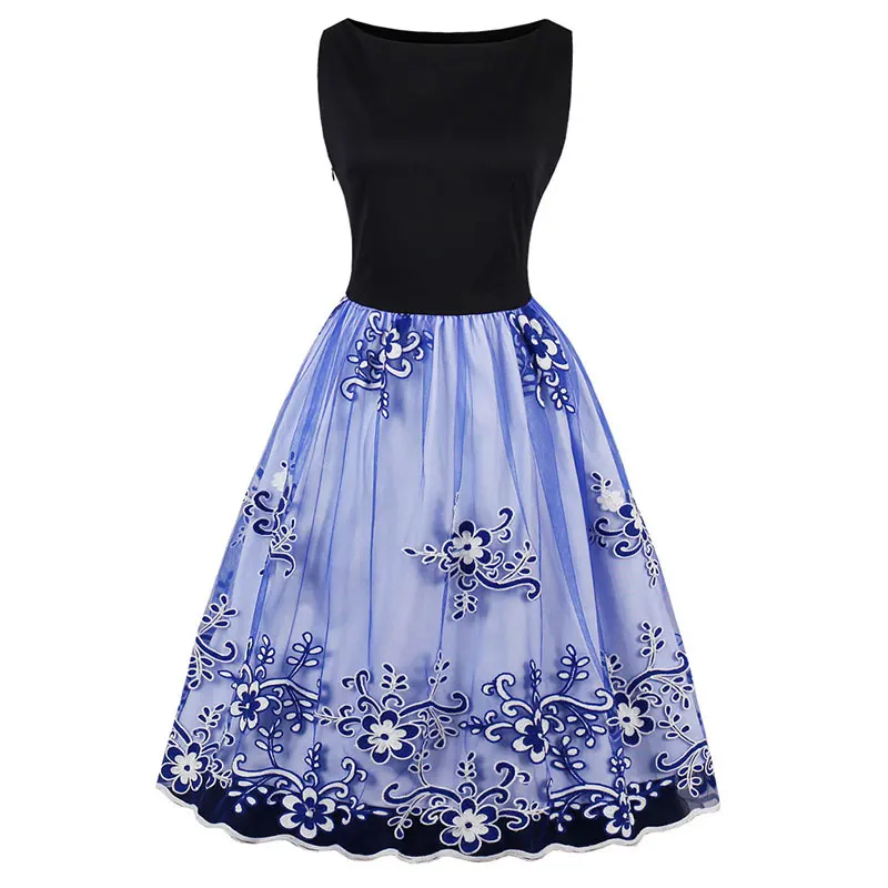 [JAVERS] Gorgeous Floral Embroidery 50s Vintage Rockabilly Ball Gown Party Dress Women Sleeveless Mesh Patchwork Plus Size | Женская