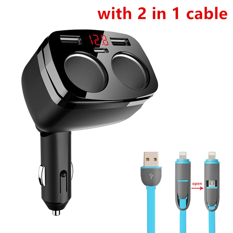 with 2 in 1 cable Универсальный 12 V-24 V розетка для автомобильного прикуривателя сплиттер светодиодный USB Зарядное устройство адаптер обнаружения с Dual USB+ Тип C с переключателем - Название цвета: with 2 in 1 cable