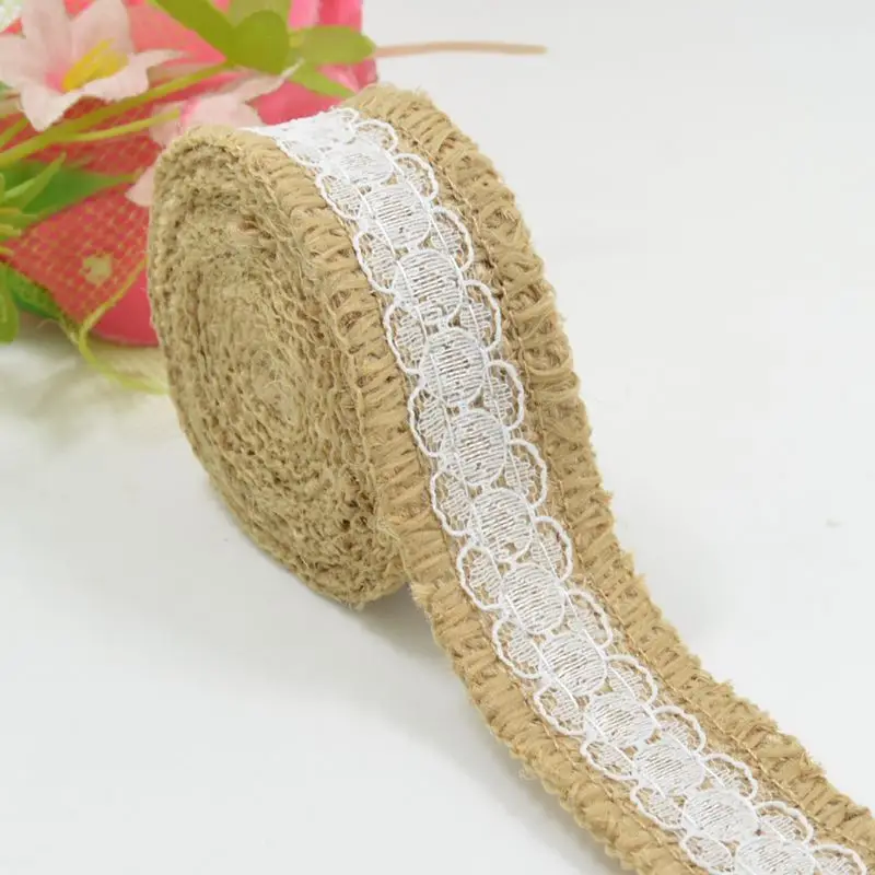 

10yards/lot Natural Hessian&Lace Burlap Jute Ribbon Rusitc vintage Wedding supply Gift Wrapping 2.5cm Wide