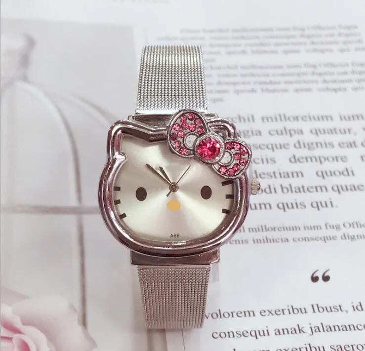 Hello Kitty Head Drill Детские Мультяшные часы со стальным ремешком милые Мультяшные часы для девочек - Color: Silver