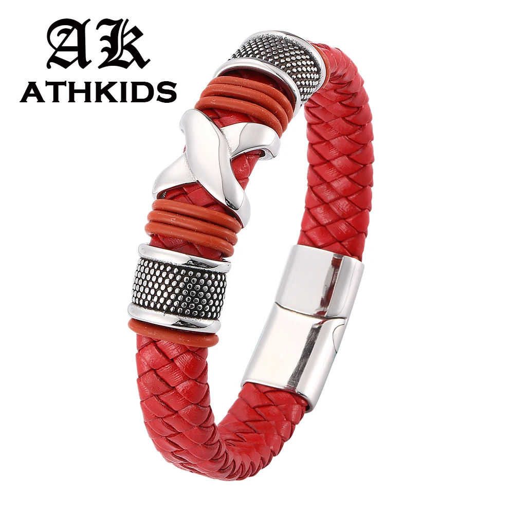 

Fashion Mens women Bracelets Jewelry Red Braided Leather Bracelet Stainless Steel Charm Bracelet pulseira masculina PD0100