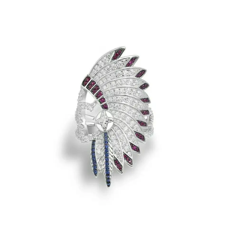 

【MeibaPJ】 Luxury Brand 925 Sterling Silver Indian Chief Feather Statement Ring Micro Cubic Zirconia Stones Women May Jewelr
