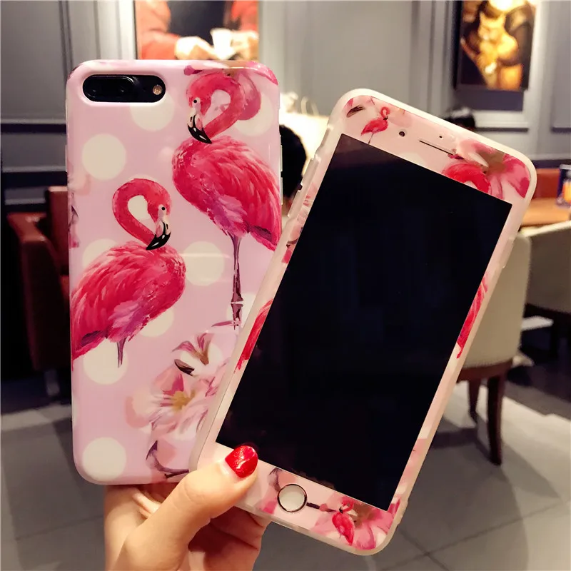 Для iphone 7 plus роскошные чехлы для телефона с фламинго чехол + закаленное стекло
