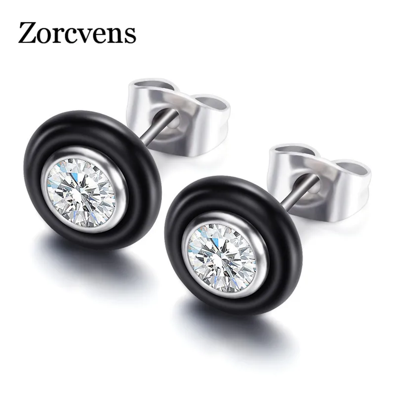 Свадебные серьги ZORCVENS, ювелирные изделия, черные, белые, большие, карат, AAA, керамические, Круглые, циркониевые, серьги-гвоздики из керамики