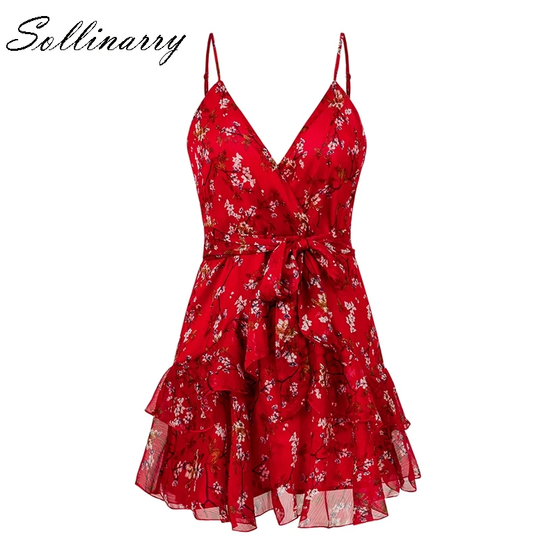 Sollinarry красное короткое платье с цветочным рисунком для женщин осень 2019 на