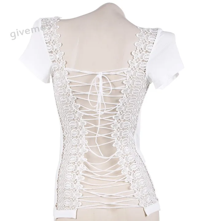 2017 Горячие Для Женщин Кружевной укороченный женщин футболка сексуальные спинки