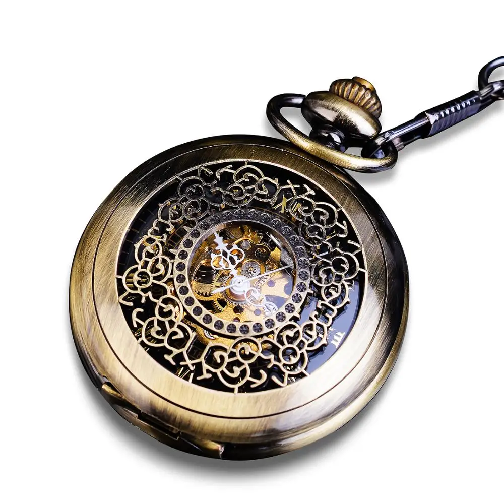 Vintage Bronze Tone Mechanical Pocket Watch FOB Chain Hollow Hunter Steampunk Skeleton Men Women Male Roman Analog Clock Watches | Наручные