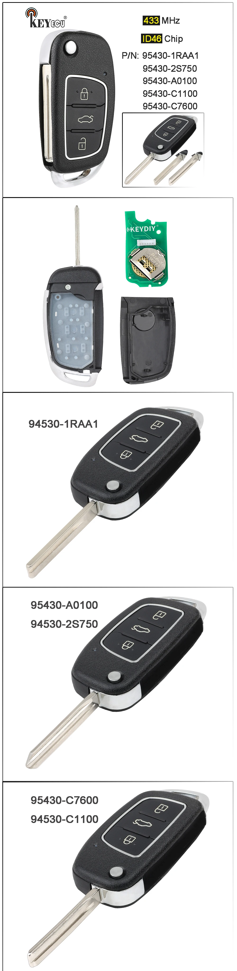 KEYECU 433 МГц ID46 чип P/N: 95430-1RAA1 замена 3 кнопки дистанционный ключ-брелок от машины для hyundai IX35 Tuscon Accent Creta Sonata i20