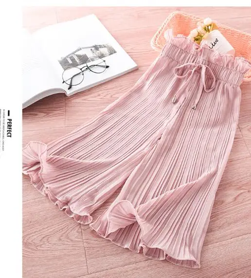 pink Летние однотонные шифоновые брюки для маленьких девочек; детские школьные Леггинсы принцессы с бантом и эластичной резинкой на талии; спортивные Плиссированные Свободные штаны для девочек - Цвет: pink